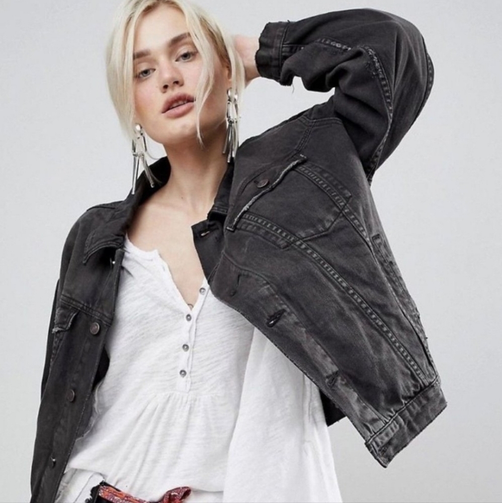 New Boho Embroidered Patch Denim Jean Jacket Oversized Coat Black - Picture 8 of 13